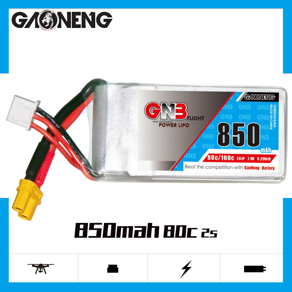 Batería Lipo GNB 2S 7,4 V 850mAh Max 160C para con enchufe XT30 para Dron de carreras con visión en primera persona Micro Quadcopter helicóptero RC piezas 2S batería - imagen 2