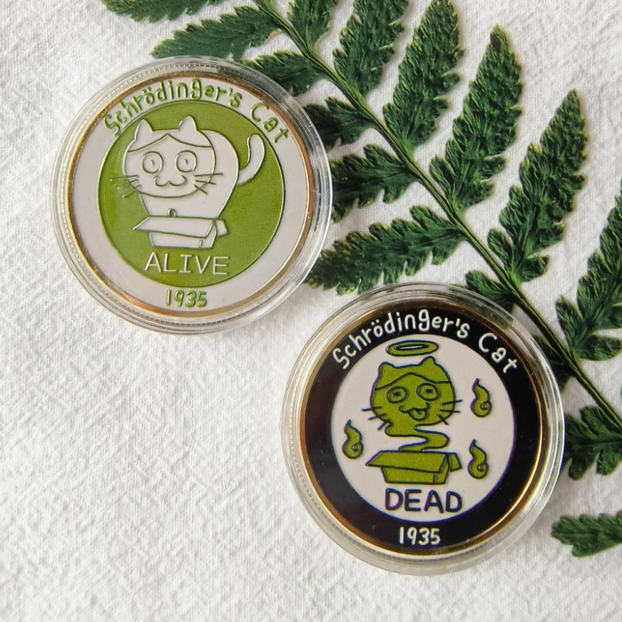 Moneda conmemorativa del gato de Schrodinger, regalo de cumpleaños creativo, pieza de decisión divertida y bonita, experimento simbolizando el pensamiento vivo o muerto - imagen 4
