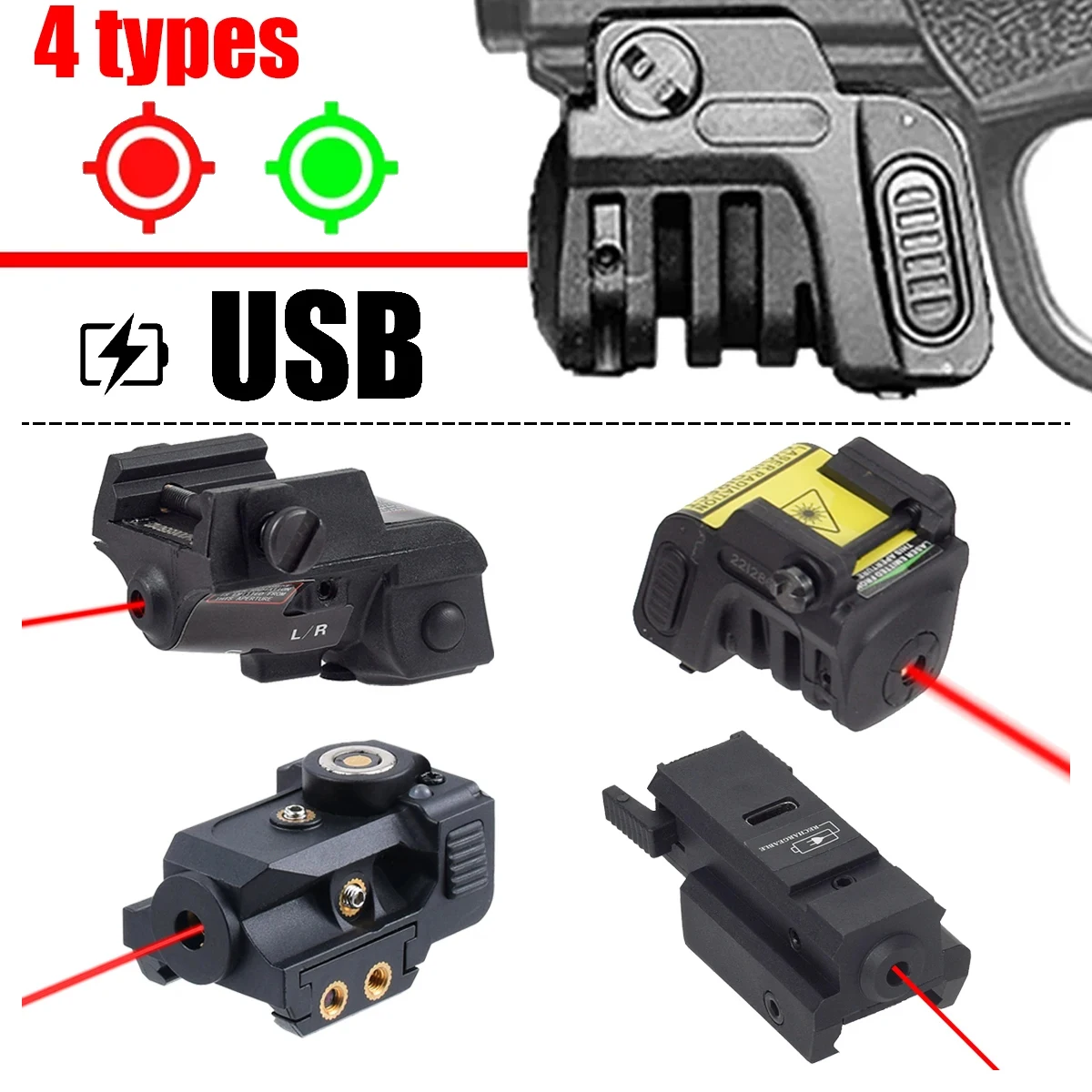 Puntero láser táctico USB rojo y verde recargable compacto Picatinny