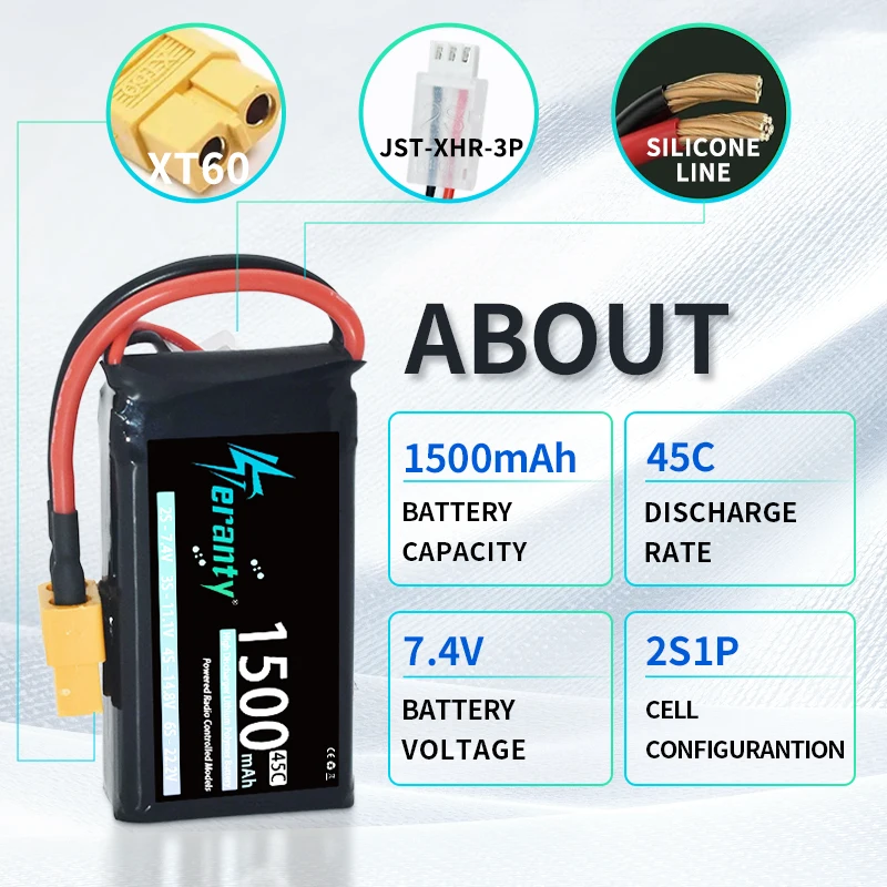 1/2 Uds TERANTY 2S Lipo batería 45C 1500mAh 7,4 V corto con enchufe T XT30 XT60 para RC coche Drone avión Quadcopter helicóptero FPV - imagen 3