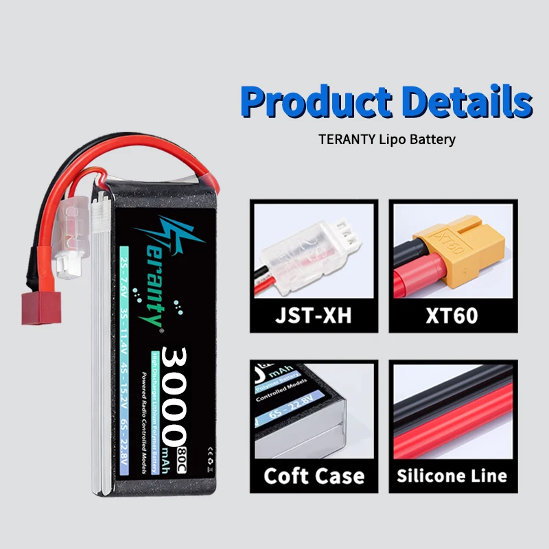 2 uds TERANTY 2S Lipo batería 7,4 V 7,6 3000mAh 60C 80C con enchufe T XT60 para Dron FPV RC camiones barco helicóptero avión - imagen 4