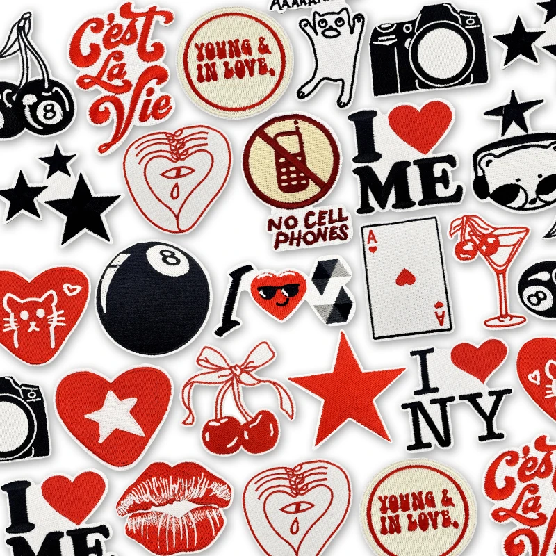 10 unids/lote, venta al por mayor, parches negros y rojos, parches para planchar con inicio de corazón para clithing, parches bordados de labios de amor en accesorios para pantalones vaqueros - imagen 2