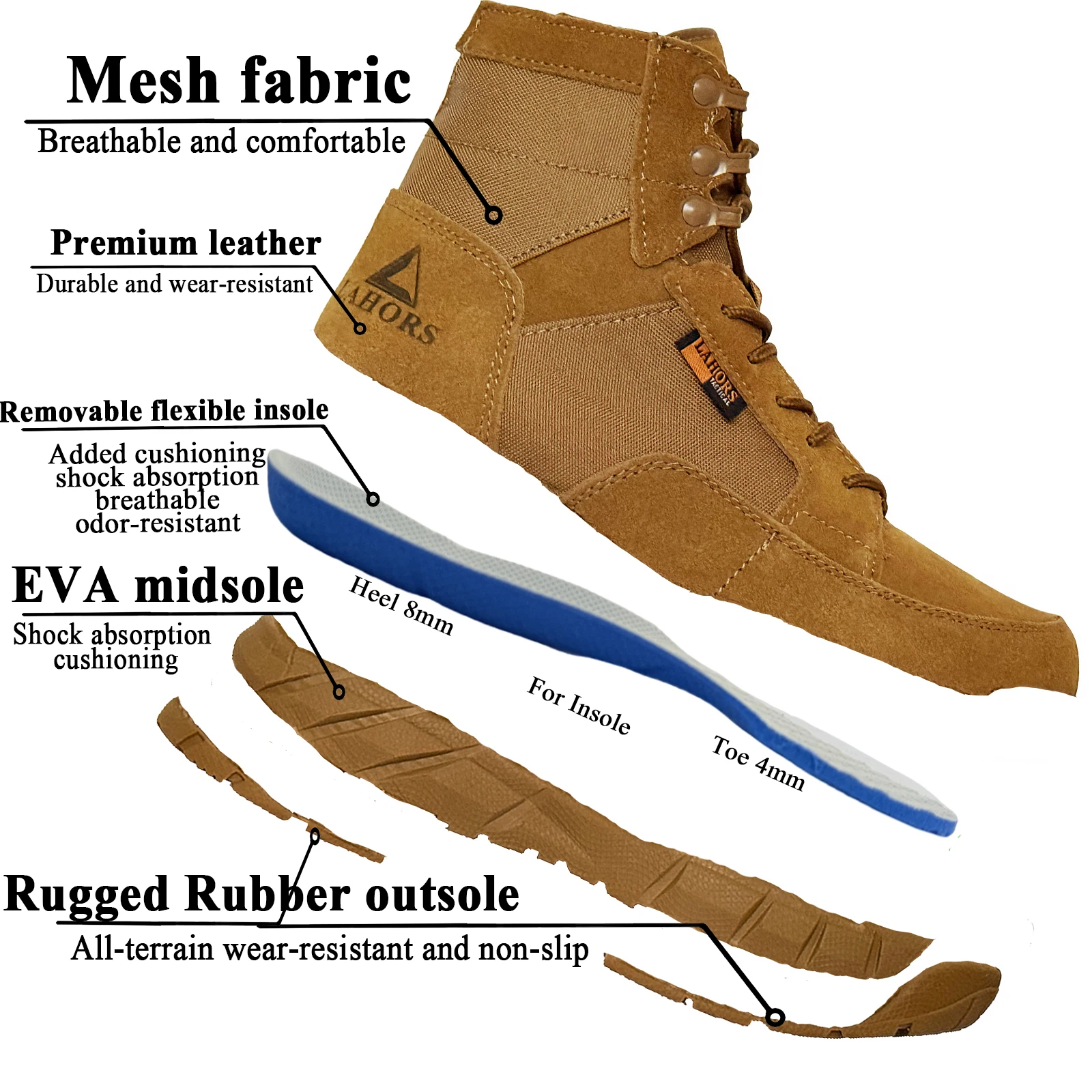 LAHORS ® Botas tácticas ligeras de 6 pulgadas para hombre con cremallera entrenamiento de combate con cordones impermeables para senderismo al aire libre zapatos tobilleros transpirables - imagen 2