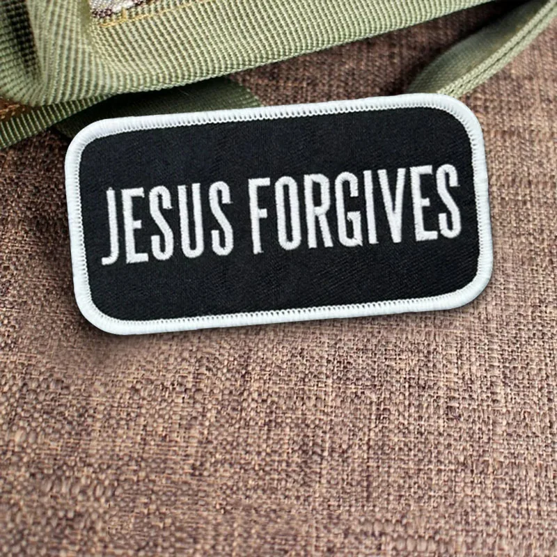 Parche bordado de "JESUS FORGIVES", insignia de moral táctica divertida, parches de bucle de gancho, brazalete militar, pegatinas para mochila - imagen 5