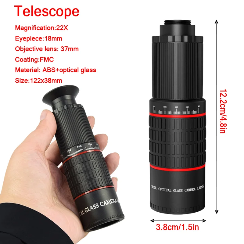 Telescopio Monocular con Zoom 22X, teleobjetivo para teléfono móvil, telescopio con trípode, Clip para teléfono, telescopios para turismo y acampada al aire libre - imagen 5