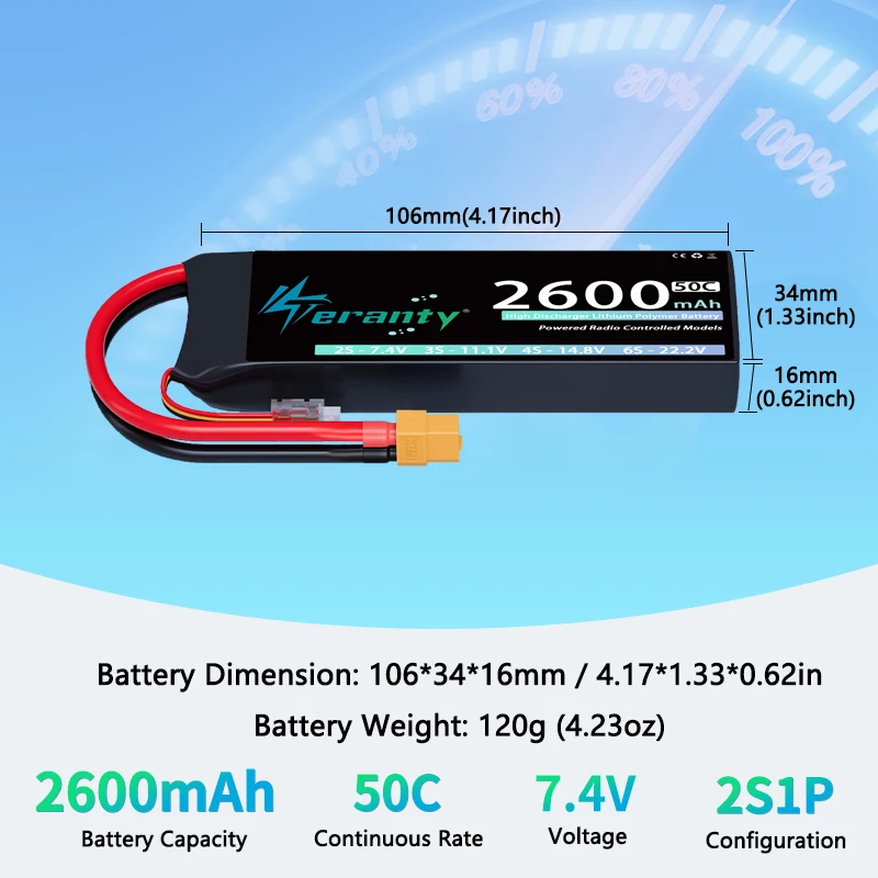 1/2 Uds Teranty 2S 7,4 V 2600mAh 50C/100C batería Lipo con conector T XT60 para Dron FPV helicóptero RC coche camión barco avión - imagen 4