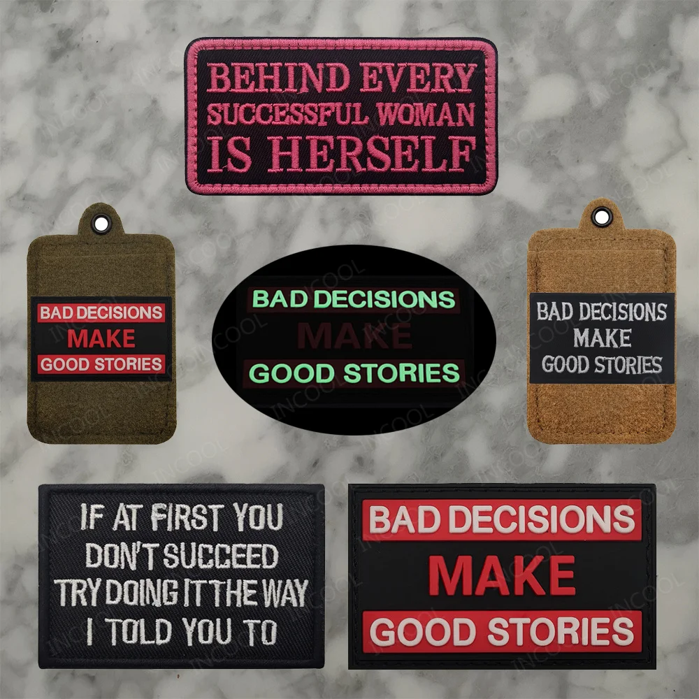 Malas decisiones, buenas historias, parches luminosos de goma de PVC, frases inspiradoras de mujer exitosa, insignias con apliques bordados