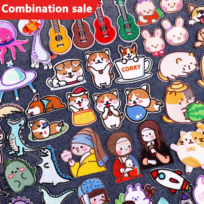 Parche de Corgi para ropa de bebé, parches bordados autoadhesivos de Van Gogh, Jesús, dinosaurio, gato, conejo