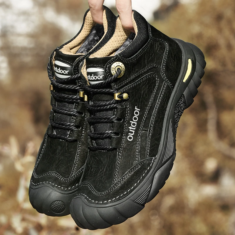 HIKEUP-zapatos de senderismo al aire libre para hombre, botas de cuero de vaca, impermeables, antideslizantes, zapatillas de Trekking, deportes duraderos que protegen la punta - imagen 3