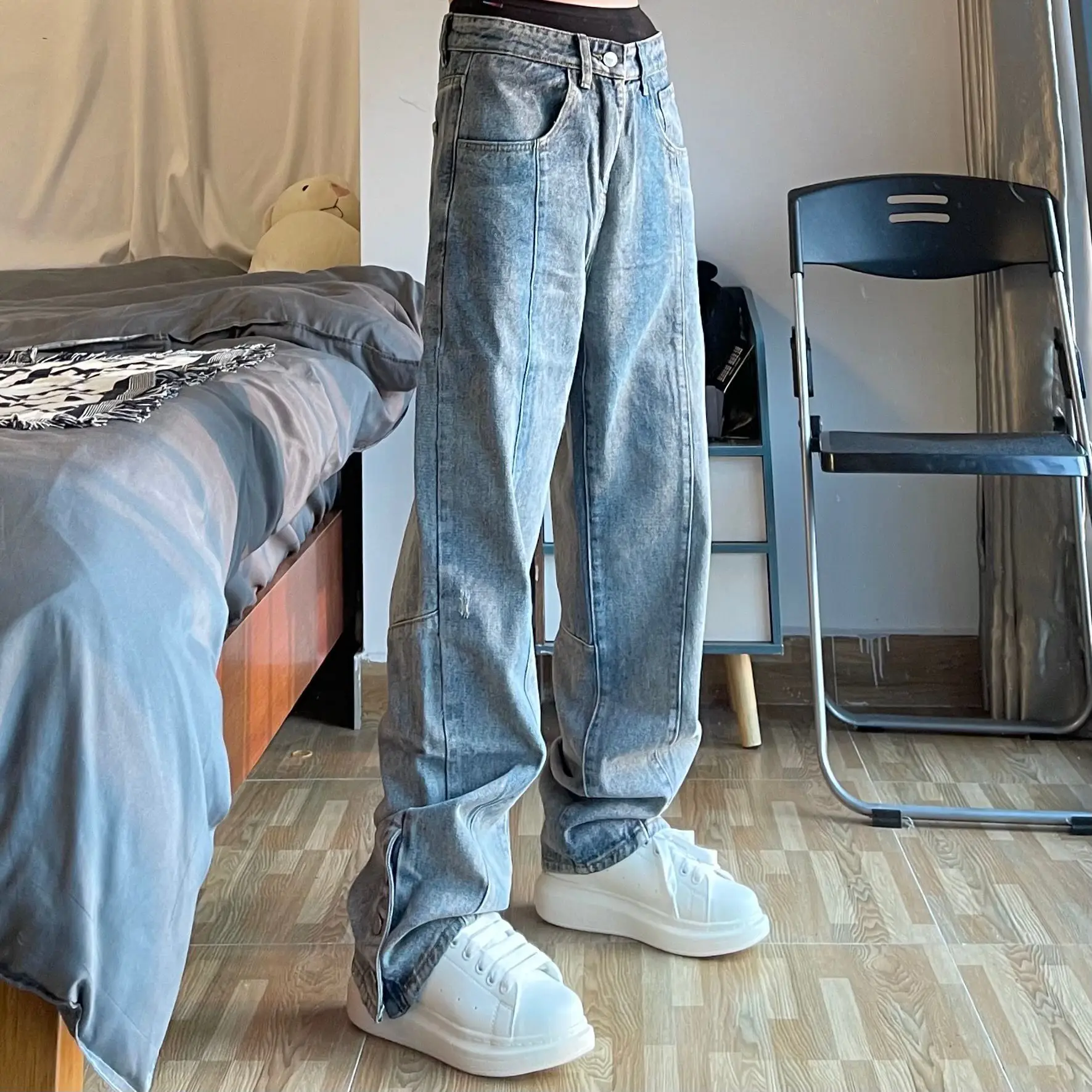 Pantalones vaqueros bordados para hombre, ropa de calle informal, holgada, recta, pierna ancha, Hip Hop - imagen 5