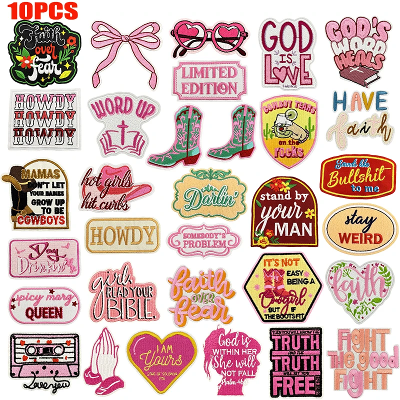 10 unids/lote Western Cowboys bordado DIY dibujos animados letra rosa lema parche hierro en parches para ropa parches termoadhesivos