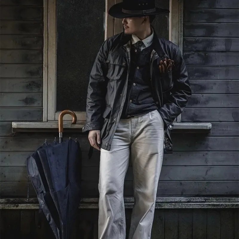 Chaquetas militares de cera de aceite para hombre, abrigo cortavientos de carga informal de Inglaterra, impermeable al aire libre, cuello de pana, chaqueta con múltiples bolsillos, otoño - imagen 2