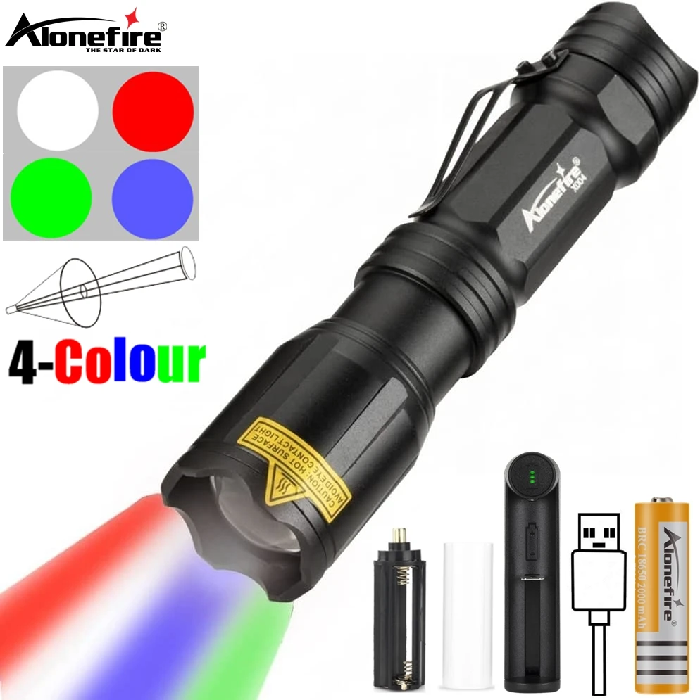Linterna LED con Zoom, luz blanca, roja, verde y azul, iluminación para exteriores, pesca, Camping, caza, fotografía, Selfie, senderismo, 4 colores