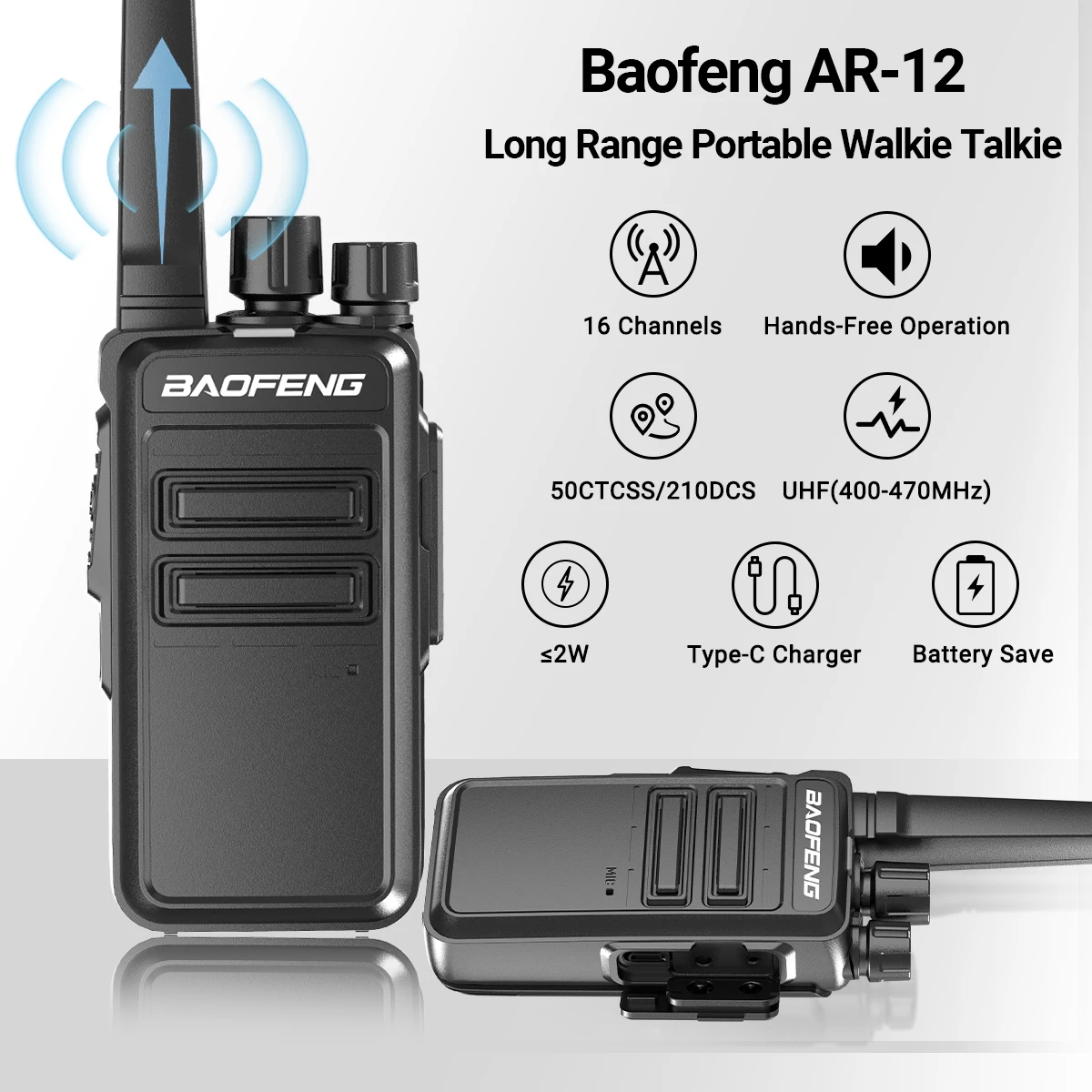 Baofeng-Mini walkie-talkie de largo alcance para piezas, Radio Ham bidireccional, 2 AR-12, frecuencia de copia inalámbrica UHF 400-470MHz, USB tipo C - imagen 2