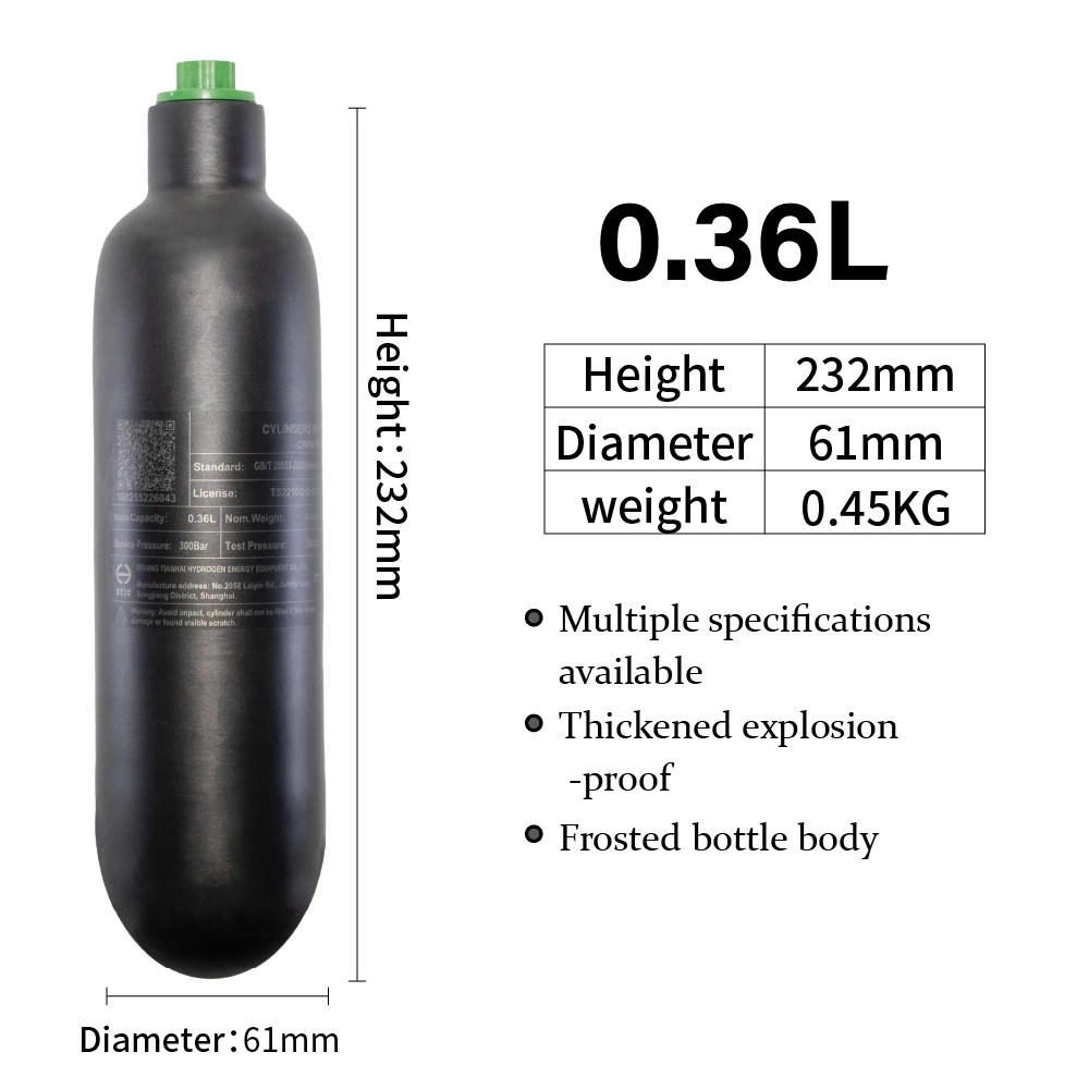 HEXGER 0.36L/0.42L/05L Cilindro De Fibra De Carbono, HPA Tanque De Mergulho, Garrafa De Mergulho, M18 * 1.5, 4500PSI, 300Bar - imagen 2