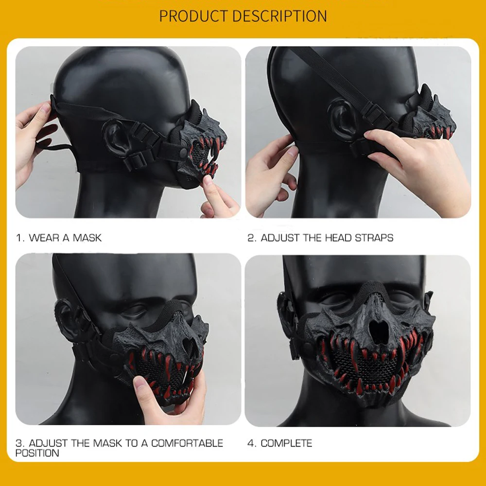 Mascarilla facial Airsoft, malla de acero transpirable, Paintball CS, juego de guerra, máscaras protectoras ajustables, colmillos de Cosplay para Halloween, accesorios de terror - imagen 5