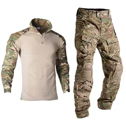 Uniforme Airsoft al aire libre, ropa de Paintball para hombres, camisas de combate táctico, pantalones Cargo de camuflaje + rodilleras, trajes, ropa de caza