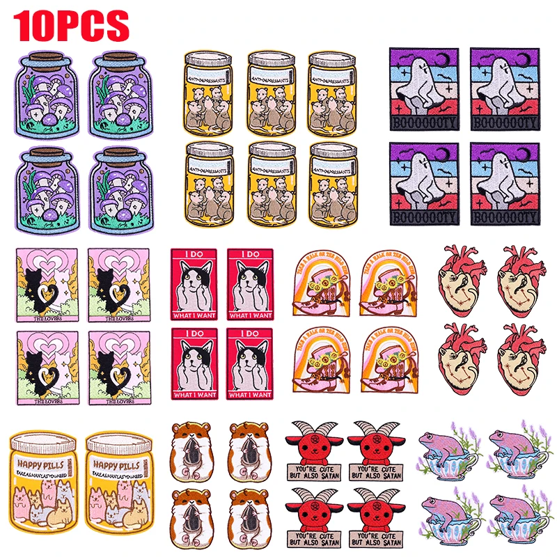 10 Uds. Parches bordados de gato botella, parches para planchar para ropa, parches termoadhesivos, parche bordado de rana Animal de dibujos animados