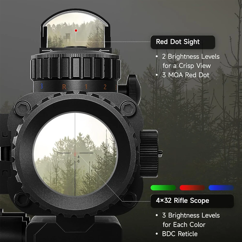 Alcance de rifle de prisma 4x32 con mira de punto rojo de 3 MOA y láser verde para rieles de 20 mm Pistolas largas Combinación de alcance con telémetro iluminado RGB - imagen 4