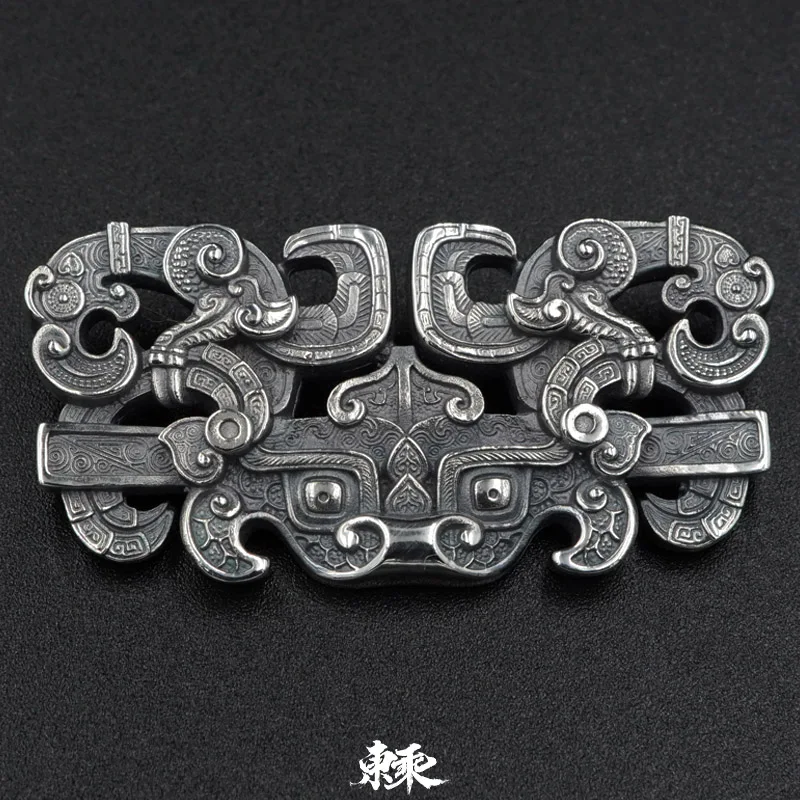 Taotie-hebilla de tela de doble tornillo de grano Phoenix, diseño Original, estilo nacional, hebilla de cuero con cara de Animal, S925 - imagen 4