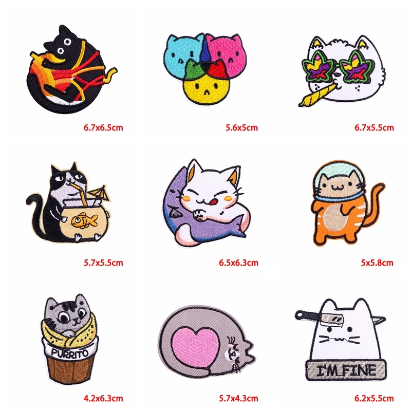 Parches bordados de animales/gatos para ropa, 10 piezas, apliques de costura para planchar en la ropa, Parche de dibujos animados para chaqueta, planchado DIY - imagen 5