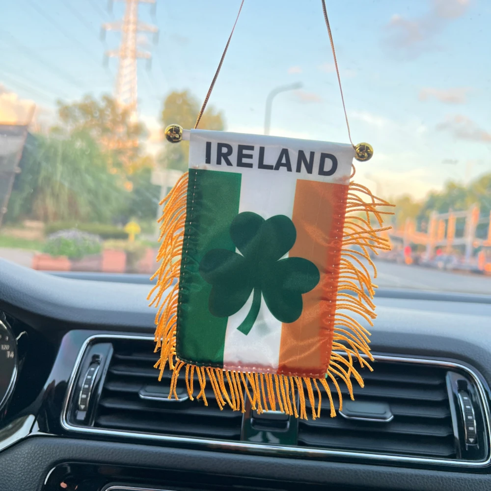 Bandera de trébol irlandés de 10x14cm, decoración de ventana de coche, banderín colgante de poliéster, banderas de trébol irlandés, Mini banderín