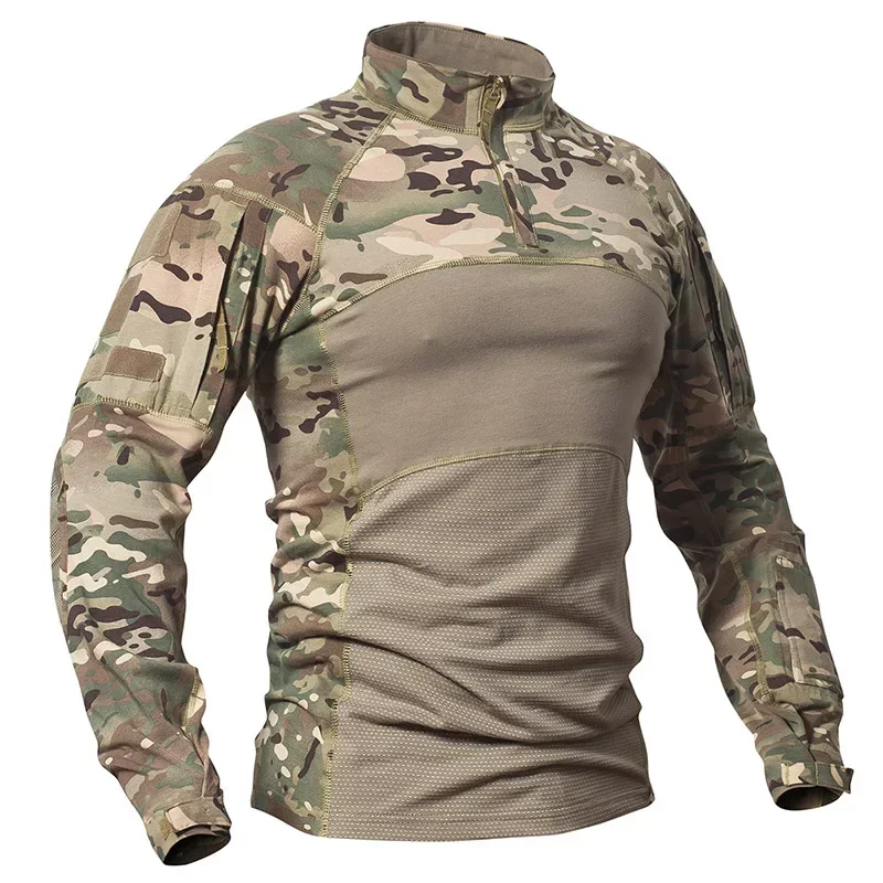 Camisas de combate táctico de camuflaje para hombre, camisas suaves de uniforme de algodón elástico con cremallera 1/4, camiseta de camuflaje de manga larga resistente al desgaste - imagen 2