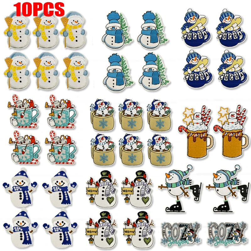 10 unids/lote de parches bordados de muñeco de nieve de invierno de dibujos animados, parches para planchar para ropa, sombreros, suéter, chaquetas, bordado, parche para coser DIY