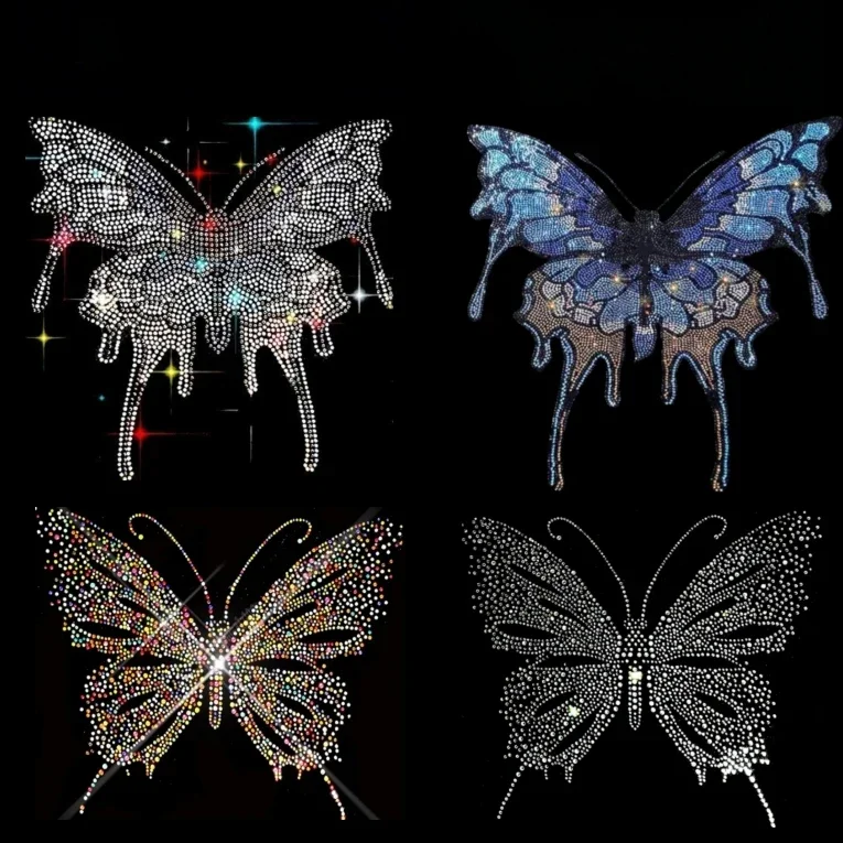 Pegatinas de mariposa con diamantes de imitación brillantes, parches de transferencia de hierro para ropa, decoración embellecedora, accesorios de mariposas, Parche de vestido