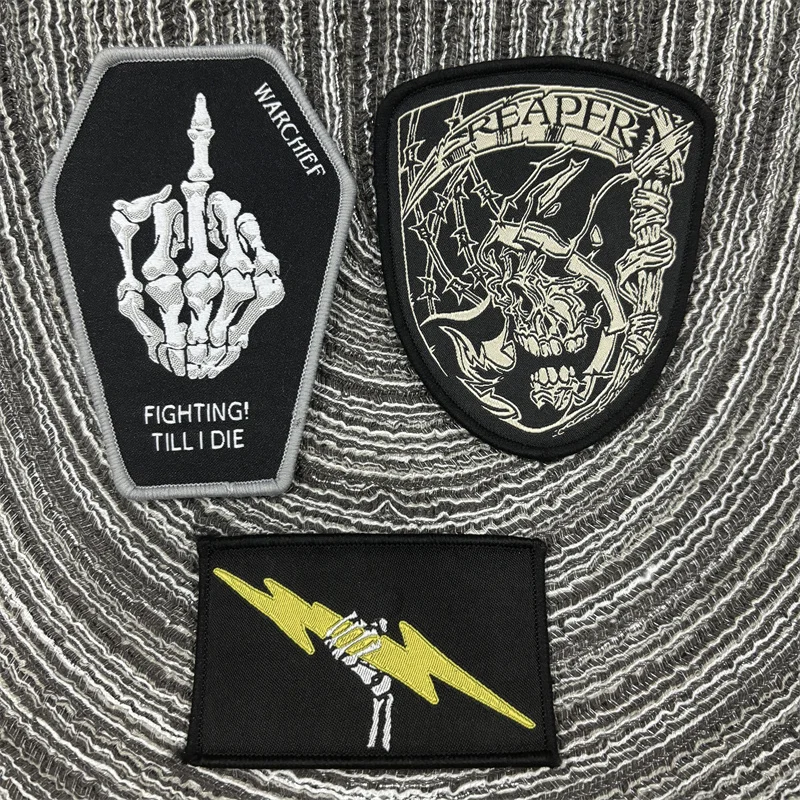 Reaper Deathk parche táctico de lucha hasta que los bordados de troqueles, parches de gancho y bucle, brazalete de tela militar, insignia de moral de relámpago de calavera