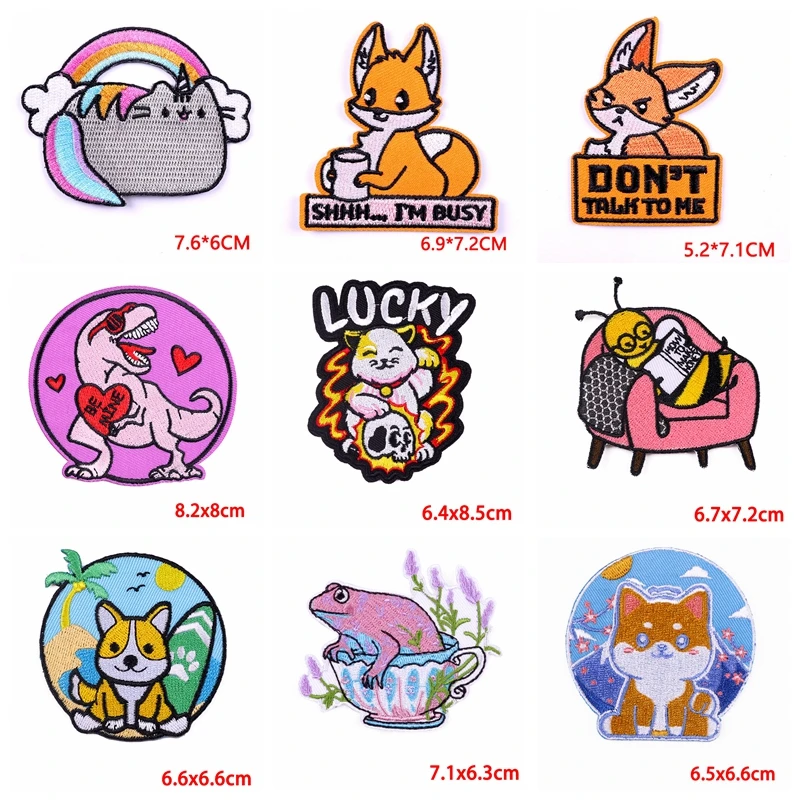 Parche bordado de animales de dibujos animados, parches termoadhesivos para planchar en la ropa, gato, zorro, dinosaurio, 10 unids/lote - imagen 3