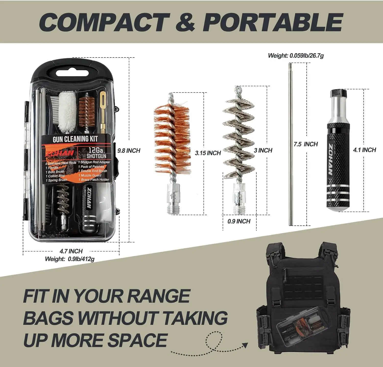 ZOHAN-Kit de limpieza de pistola, herramienta Universal de cepillo para pistola, Kit de limpieza de escopeta de calibre 12, limpiador de barril de pistola, montaje portátil para caza - imagen 3