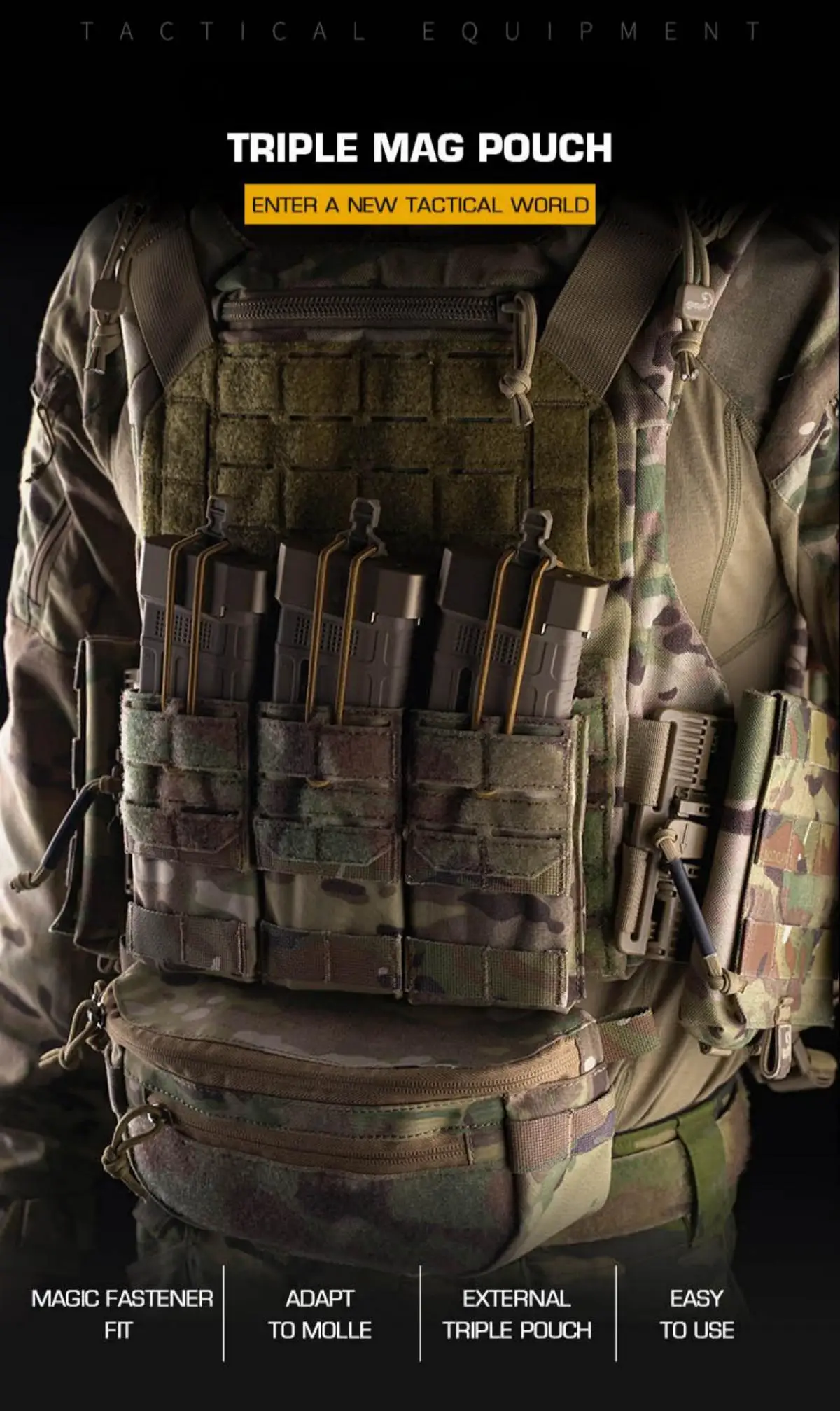 Vista frontal del portacargadores Triple DP 5.56 Molle POSEIDON DEFENSE