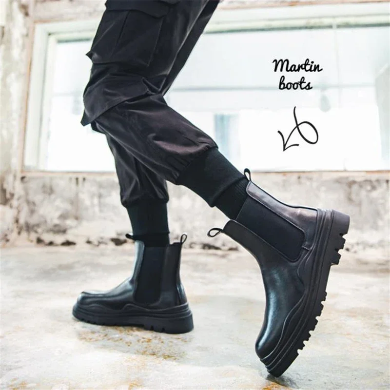 Botas Chelsea con plataforma Sheoes para hombre, botines de cuero divididos con parte inferior gruesa, calzado masculino, botas cortas con punta redonda - imagen 4