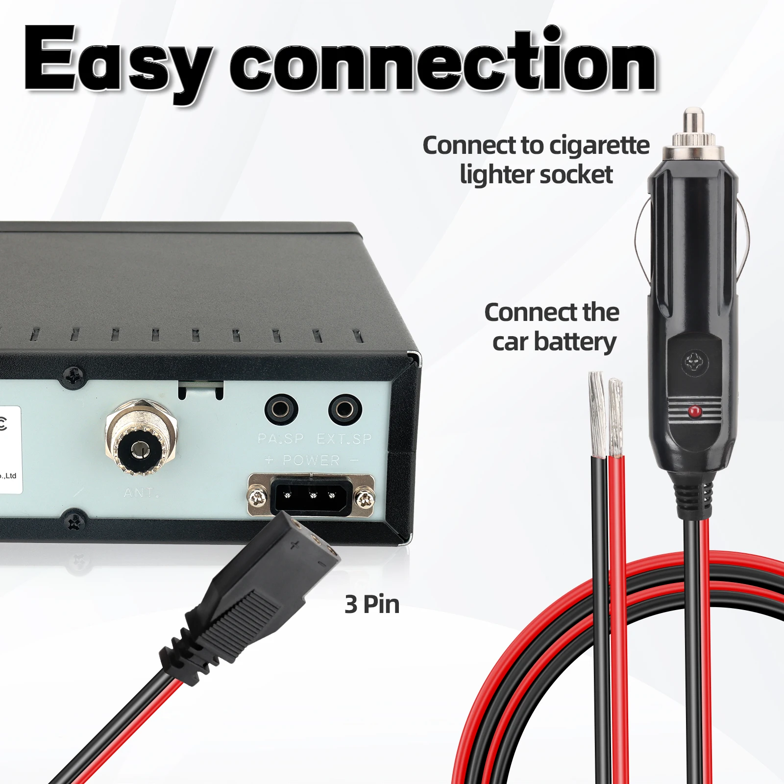 Cable de alimentación de Radio CB, Cable de enchufe de 3 pines, accesorios de Radio de 2 cables 15A con encendedor de cigarrillos de 12V para Radio móvil GMRS de 880FM/PC78LTX - imagen 5