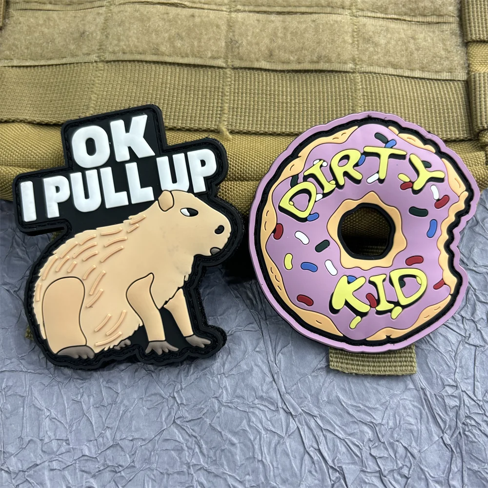 Parches de PVC de capibara para ropa, pegatinas de dibujos animados de Donut, parches de gancho y bucle, insignias de equipo táctico para mochila