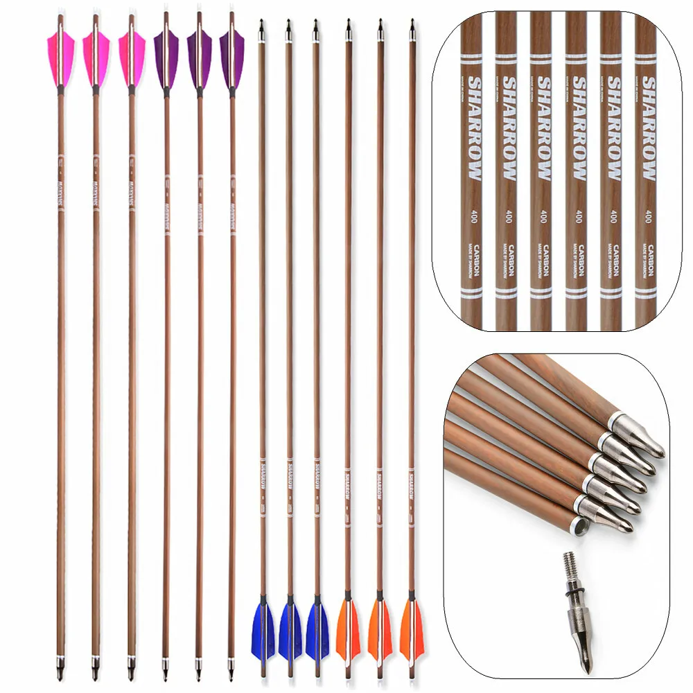 12 Uds flecha de carbono puro ID 6,2mm arco recurvo compuesto y flecha tiro con arco arco de caza 100gr puntos 4''plumas de pavo