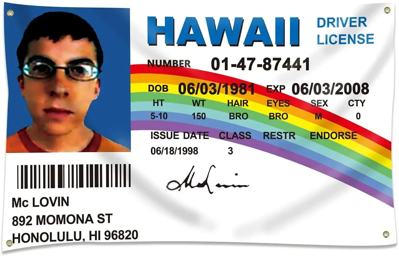 Bandera de identificación McLovin Bandera de licencia de conducir falsa Banner 3x5 Póster divertido Decoraciones duraderas Bandera de pared con 4G para dormitorio universitario Dicembre.