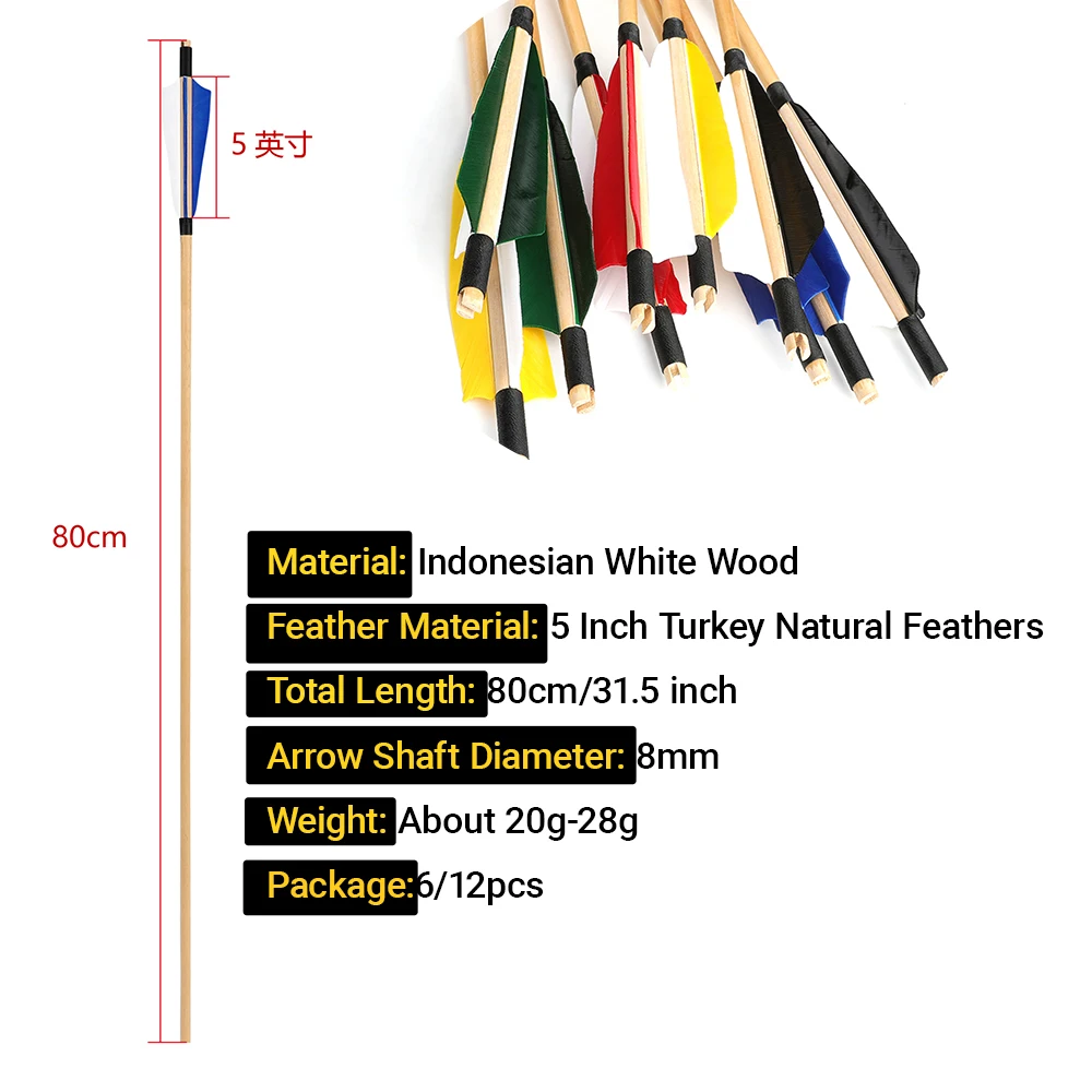 6/12 Uds flechas de madera 80cm entrenamiento de tiro con arco principiantes 8mm eje 5 "plumas de pavo adolescentes jóvenes estudiantes enseñanza práctica de objetivo - imagen 3