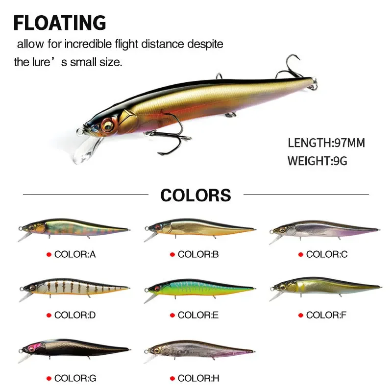 Señuelo de pesca flotante Minnow 97mm 9g Señuelos de pesca de calidad profesional cebo duro calidad Wobblers Mnnow cebo Artificial - imagen 4