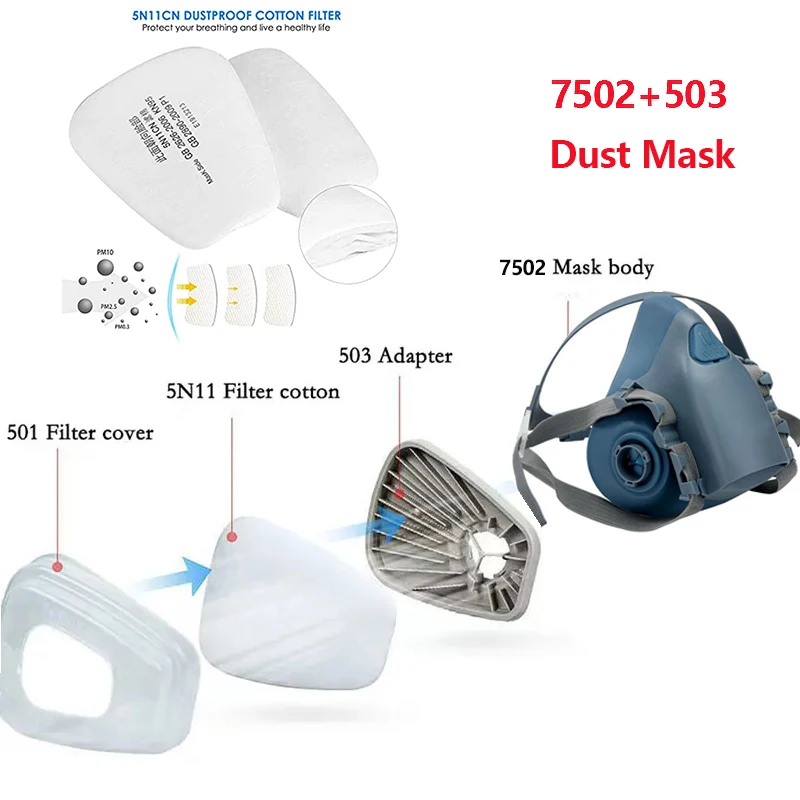 Máscara antipolvo de media cara de silicona 7502 con filtro 503 5N11, juego de gafas de algodón para trabajo, molienda, pintura en aerosol, trabajo de decoración - imagen 2