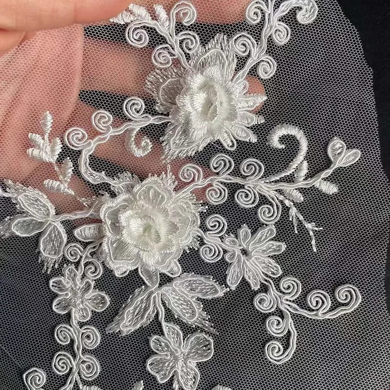 1 par/21*14CM apliques de flores 3d parches para coser, parches de costura bordados de encaje blanco decoración DIY para ropa, vestidos - imagen 3