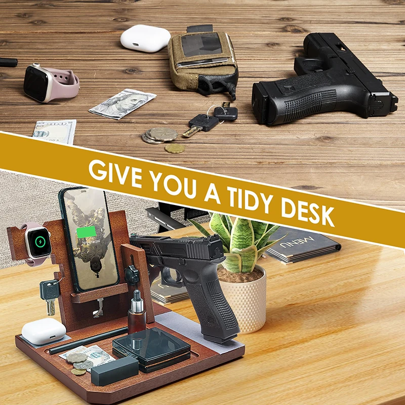 ONETIGRIS-estación de acoplamiento de madera para teléfono, organizador de mesita de noche, organizador de escritorio al lado de la cartera, bandeja de reloj, soporte con pistola, regalo para hombres - imagen 3