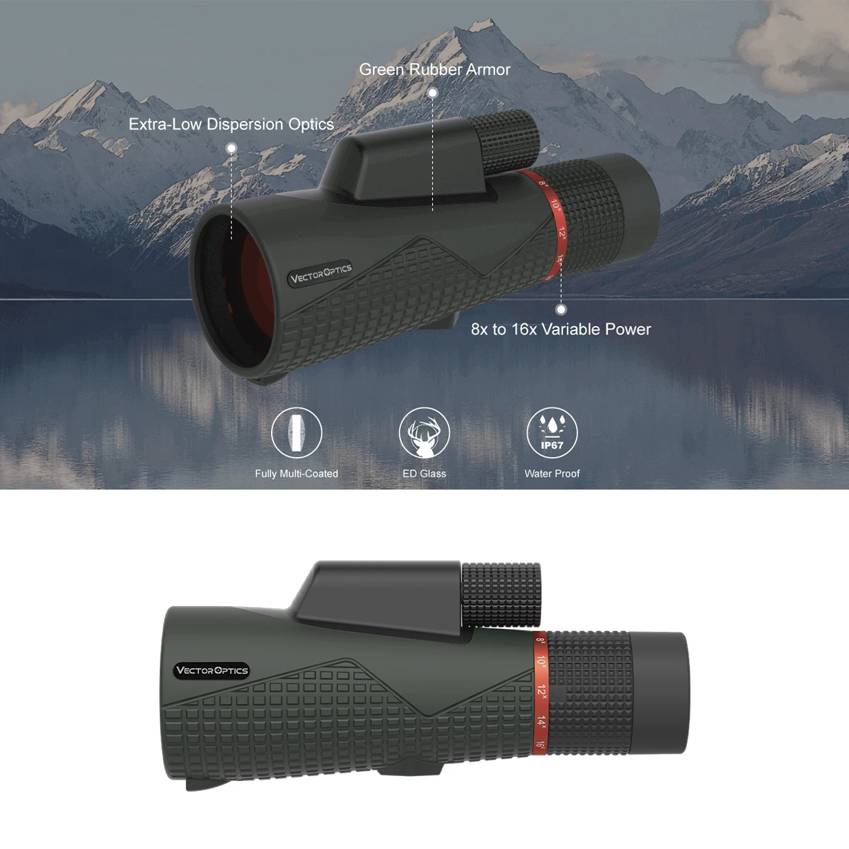 Monocular Vector Optics Forester 8-16x56 ED con dispersión extra baja y lente completamente multicapa para caza y observación de aves al aire libre. - imagen 3
