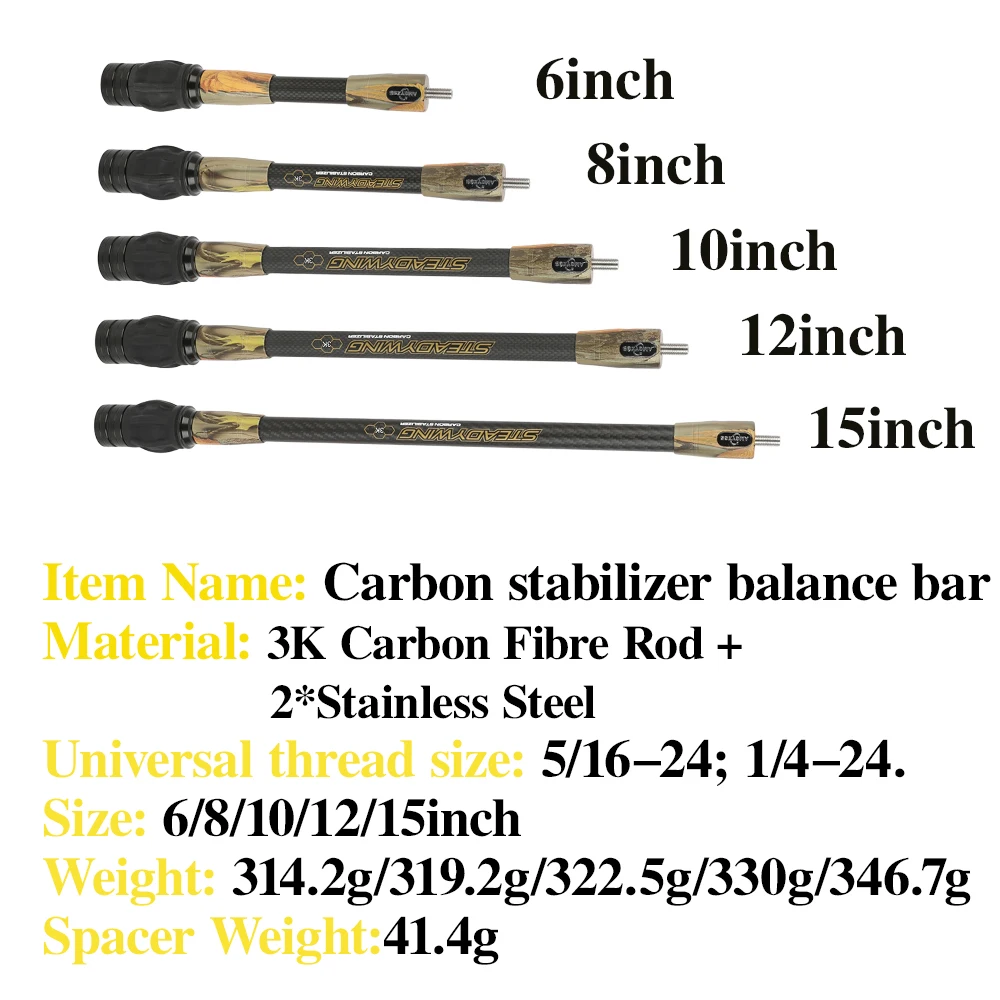 Estabilizador de arco de fibra de carbono 3k, arco compuesto recurvo, caza, tiro, varilla de equilibrio de 6/8/10/12/15 pulgadas, amortiguador de peso - imagen 2