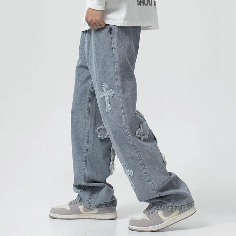 Pantalones vaqueros rectos Vintage para hombres y mujeres, Jeans casuales de Hip Hop, pantalones de mezclilla sueltos para las cuatro estaciones, bordado cruzado, tendencia de calle - imagen 4