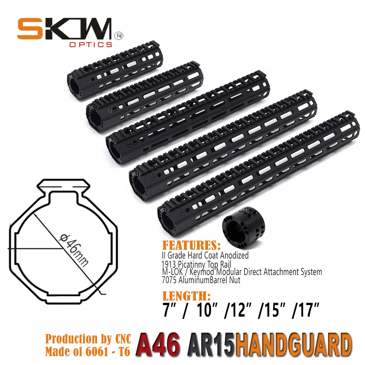 SKWGEAR Keymod M-LOK Free-Flot A46 AR15 Protector de manos 7 "9" 10 "12" 13,5 "15" 17 "para caza táctica con riel Picatinny