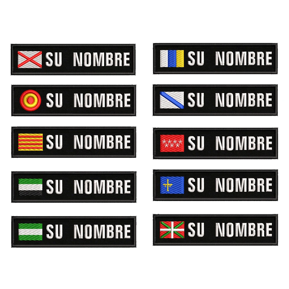 Parche de bandera con nombre personalizado, insignia de rayas, bucle de hierro o gancho, Andalucía, Extremadura, Islas Canarias, España, Galizia, 10cm x 2,5 cm, 1 ud.