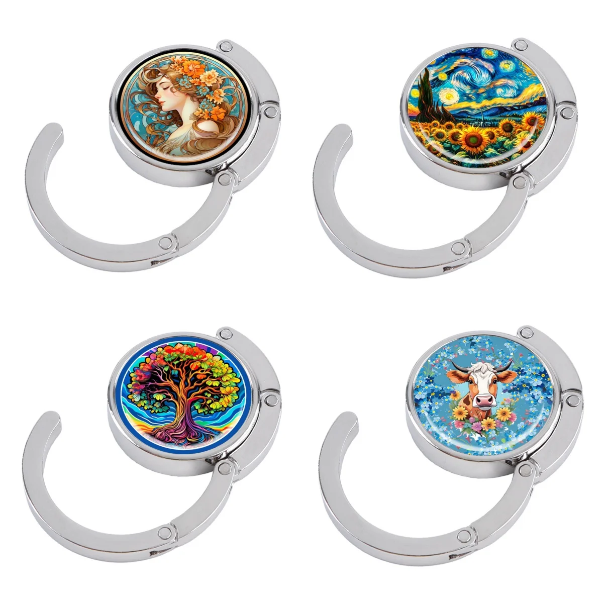 Ganchos para bolsos con pintura al óleo, soportes plegables de Metal para bolsas de mesa, perchas portátiles para monedero, accesorios de piezas, ganchos antideslizantes de vaca bonita