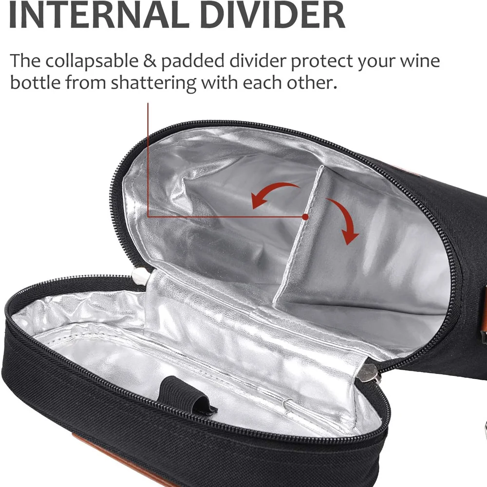 Bolsa enfriadora de vino aislada con correa ajustable para el hombro, bolsa de transporte acolchada para botella doble para Picnic, Camping, amantes del vino - imagen 2